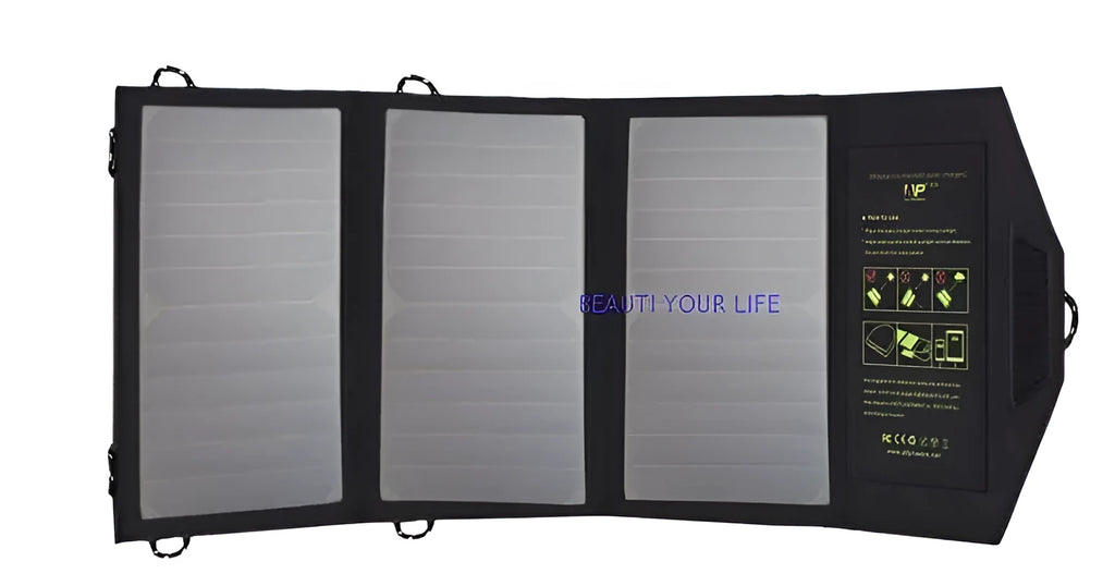 Black foldable portable solar panel charger with dual USB ports for outdoor phone charging