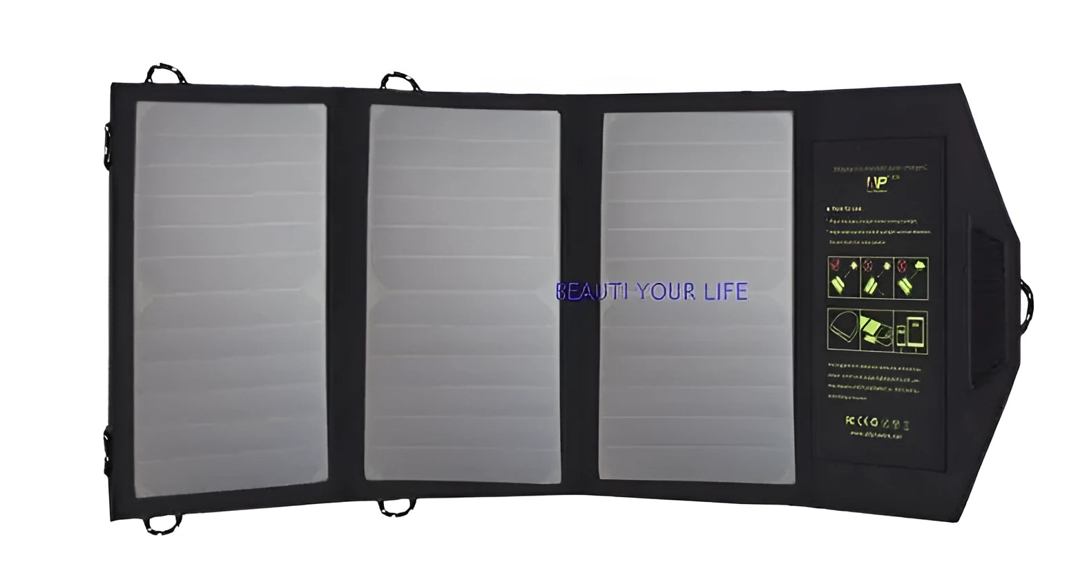 Black foldable portable solar panel charger with dual USB ports for outdoor phone charging