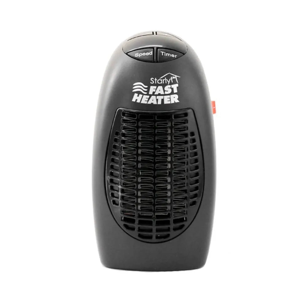 Black portable ceramic electric heater with digital display and rotating plug on a white background.