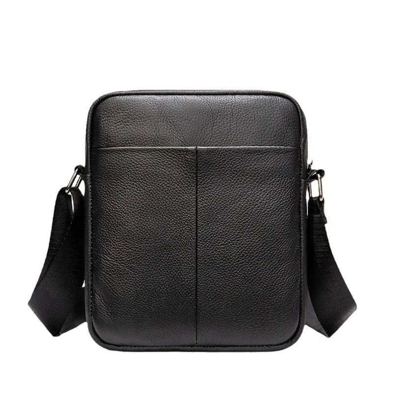 Men's black genuine leather shoulder bag with sewing thread detail, standard size