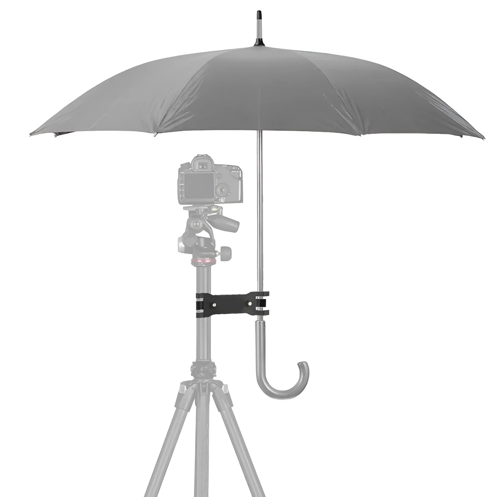 Black plastic umbrella clip attached to camera tripod holding smartphone under umbrella