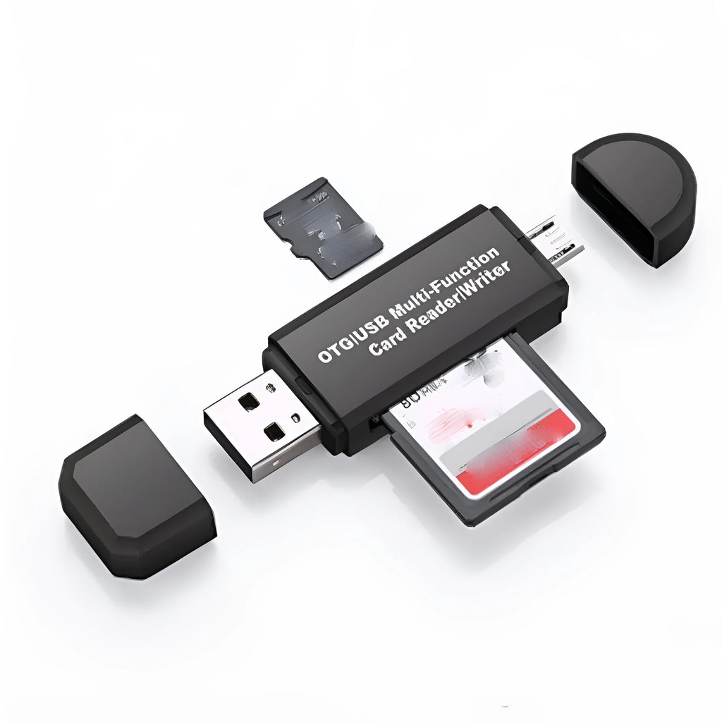 Multifunctional OTG machine card reader in black colour with USB 2.0 interface for SD and TF cards