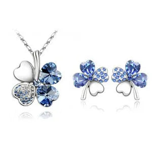 Four-leaf clover crystal necklace and earrings set for women, alloy with artificial gems, ten colour options.