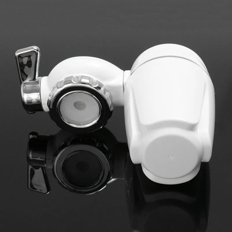 White plastic faucet water filter unit with adapters and ceramic cartridge for kitchen tap installation.