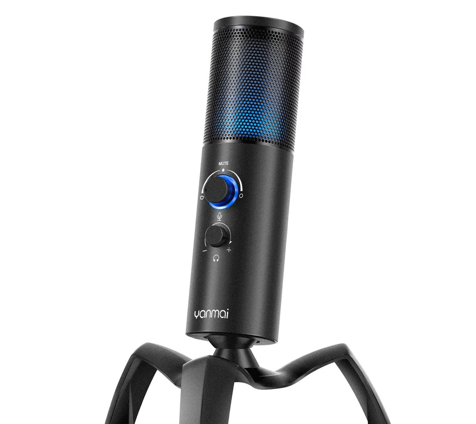 Black Q18 USB condenser microphone with RGB light on adjustable tripod stand.