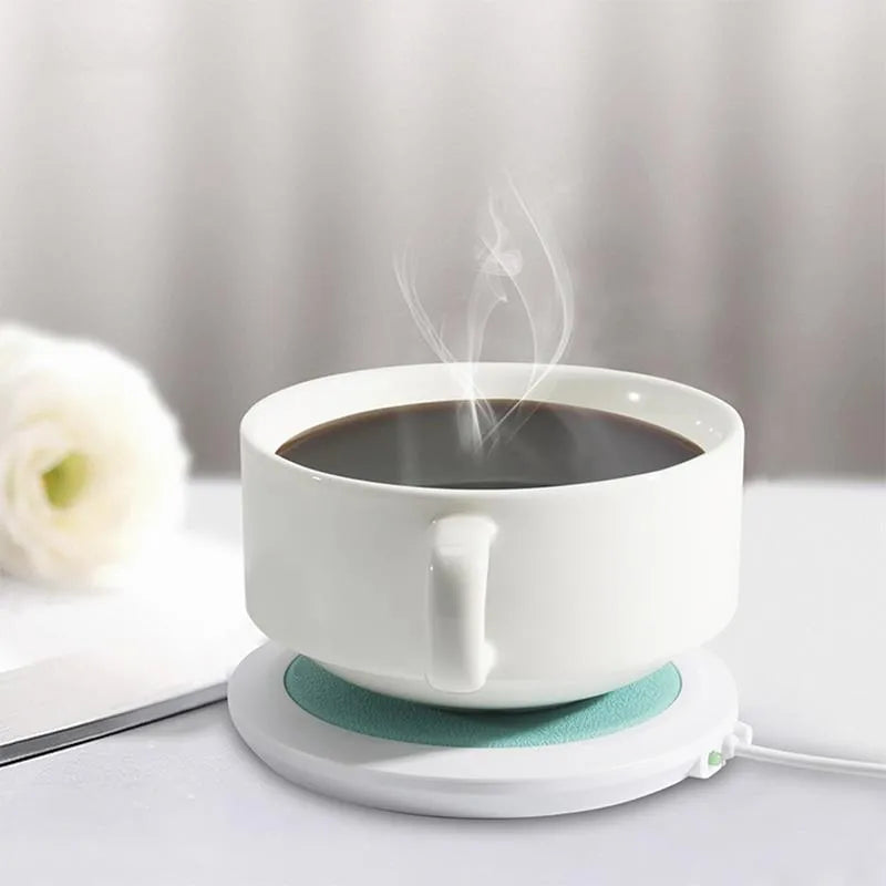 USB-powered insulated heating coaster for mugs in black, blue and orange colours