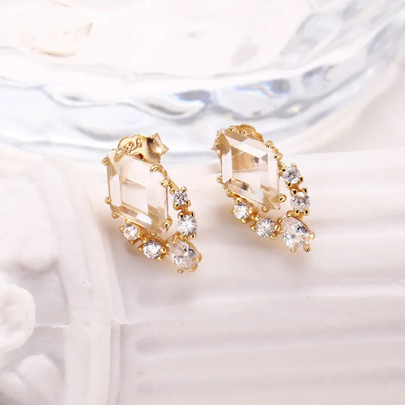 Geometric 925 silver earrings with sweet white crystal studs and electroplated finish