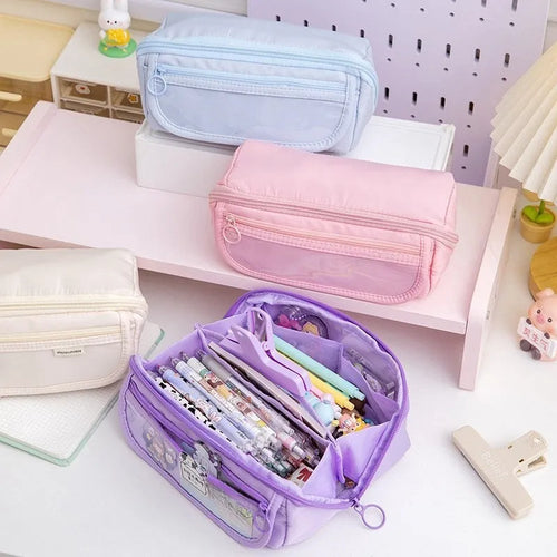 Korean style ten-layer flip canvas pencil case open to show multiple compartments.