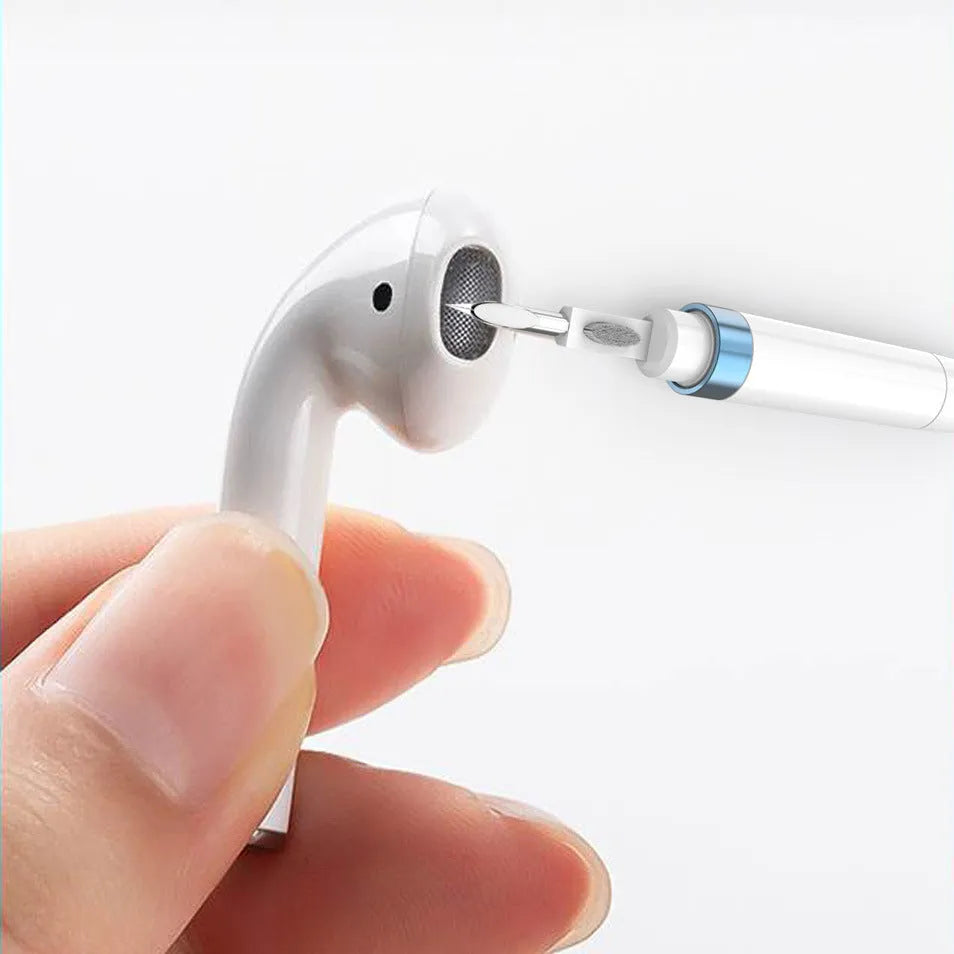 Blue electronics cleaning pen with three cleaning layers for headphones and phones