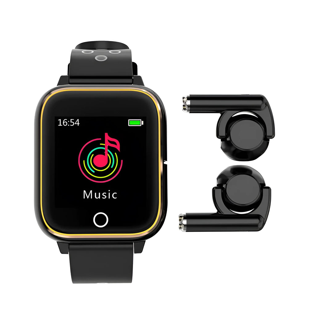 Black smartwatch bracelet with built-in Bluetooth earbuds showing a 1.4-inch screen displaying heart rate data.