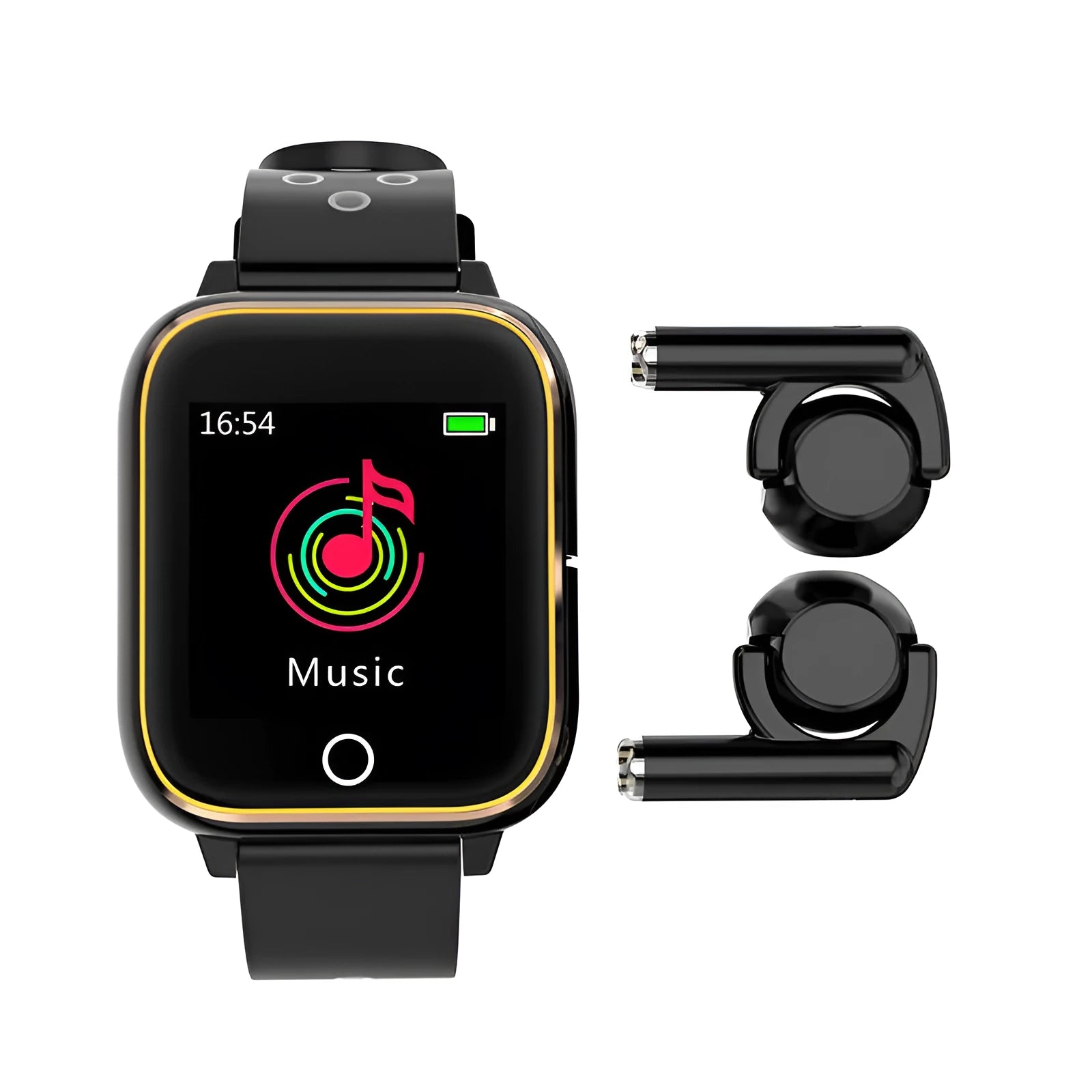 Black smartwatch bracelet with built-in Bluetooth earbuds showing a 1.4-inch screen displaying heart rate data.