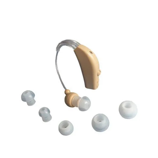 Rechargeable behind-the-ear digital hearing aid amplifier with plastic housing and Mini ear design.