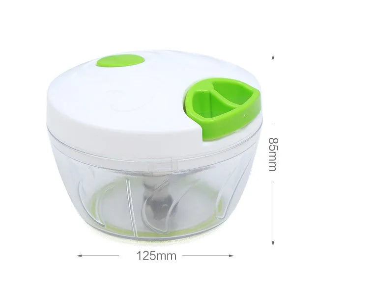 Green manual kitchen chopper with stainless steel blades and a 500ml plastic container.