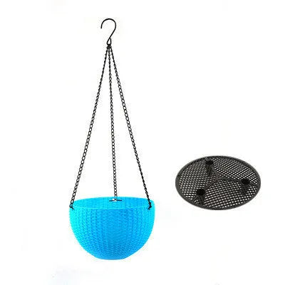 Plastic hanging basket planter with inner pot and metal chain, shown in green colour.