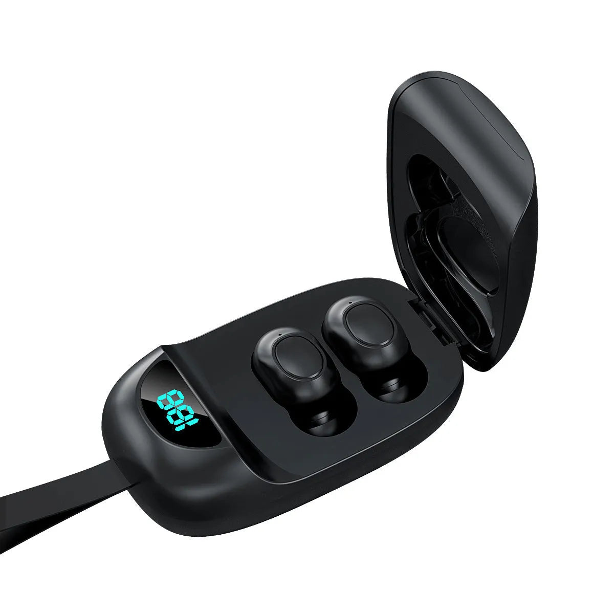 Black Bluetooth 5.1 true wireless stereo headphones with charging case showing battery display