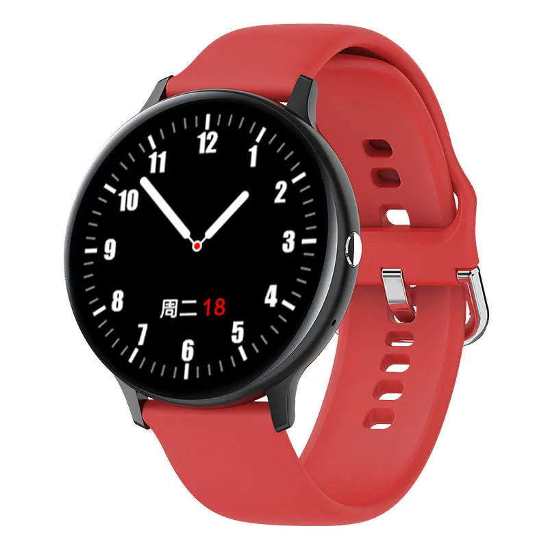 Smart bracelet with touch screen on a wrist, showing heart rate and call functions, available in black, blue, and red.