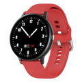 Smart bracelet with touch screen on a wrist, showing heart rate and call functions, available in black, blue, and red.