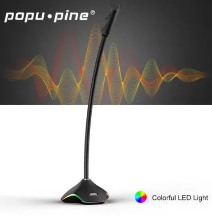 Black wired computer microphone with foam pop filter on a desktop stand.