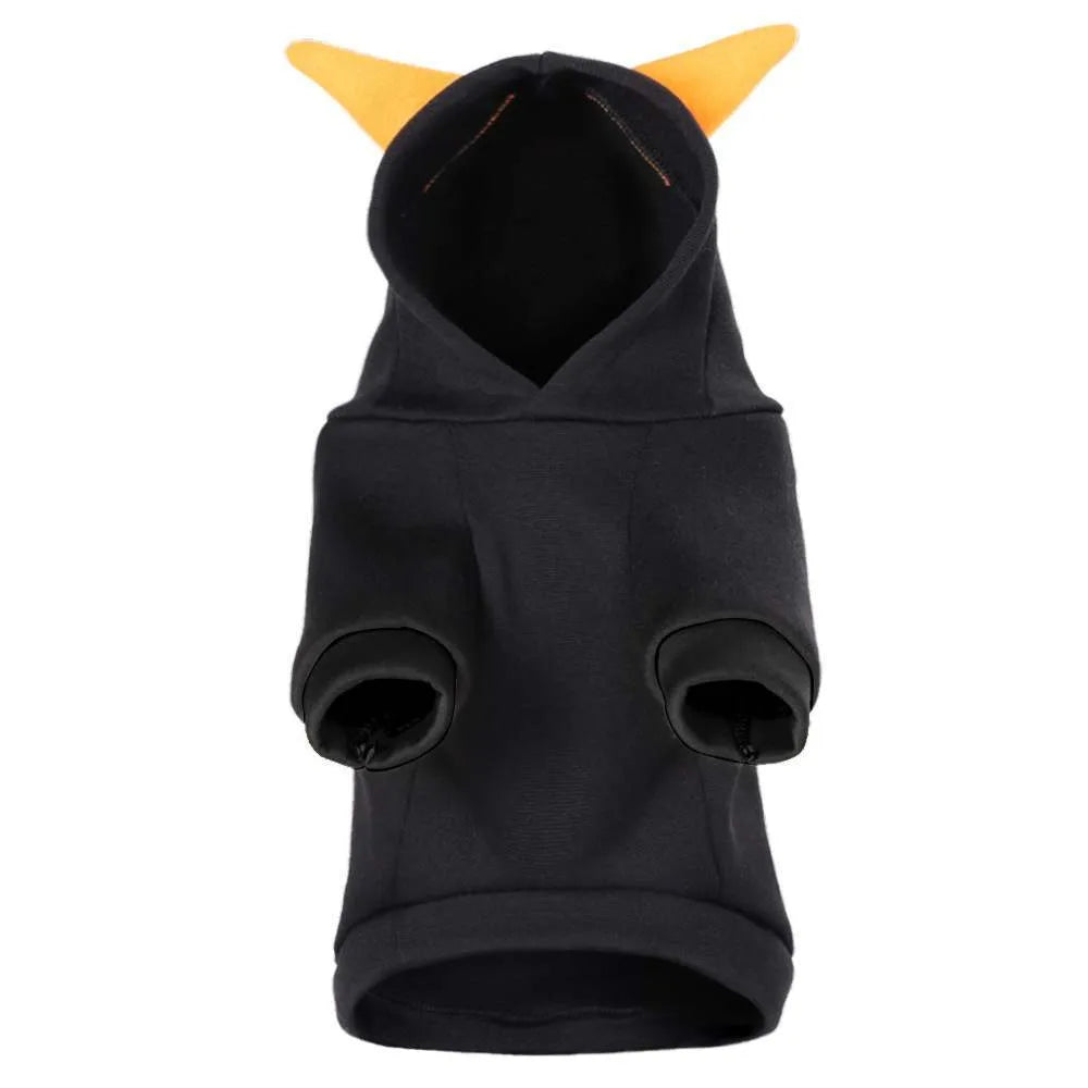 Black cotton adjustable pet sweater for dogs and cats with fleece lining, side view