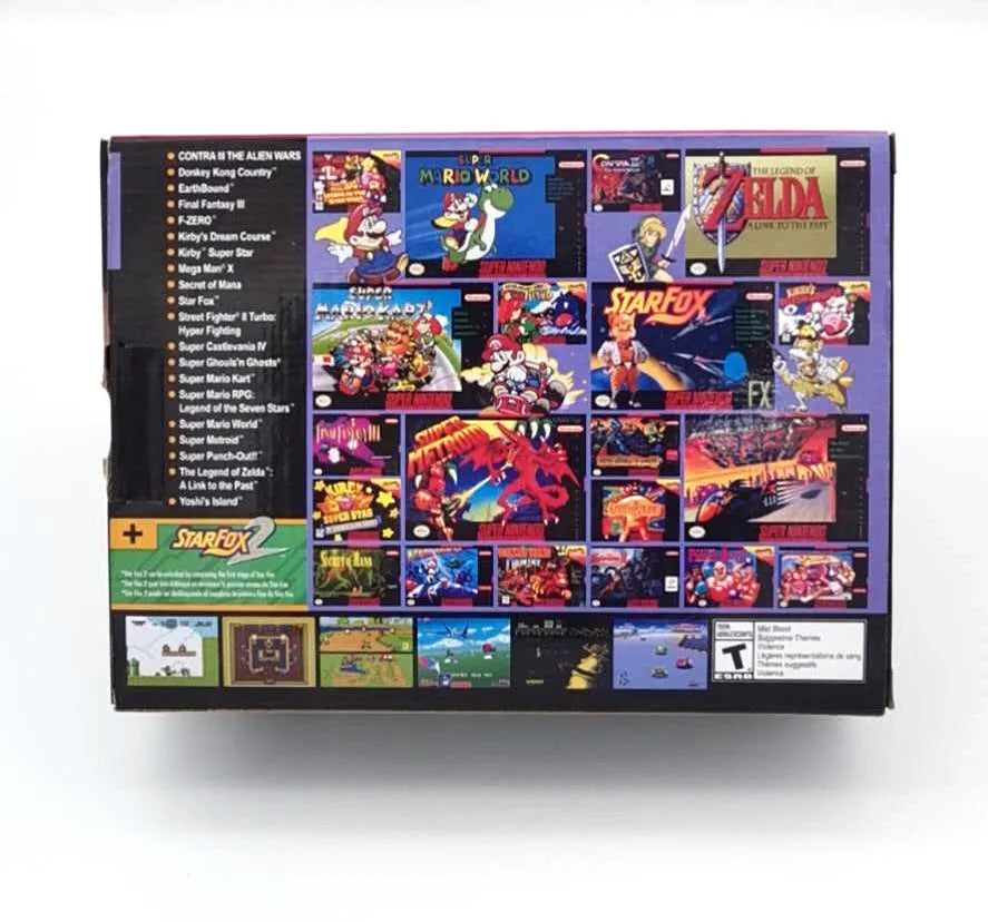 SNES mini game console replica in black with two wired controllers and HDMI cable