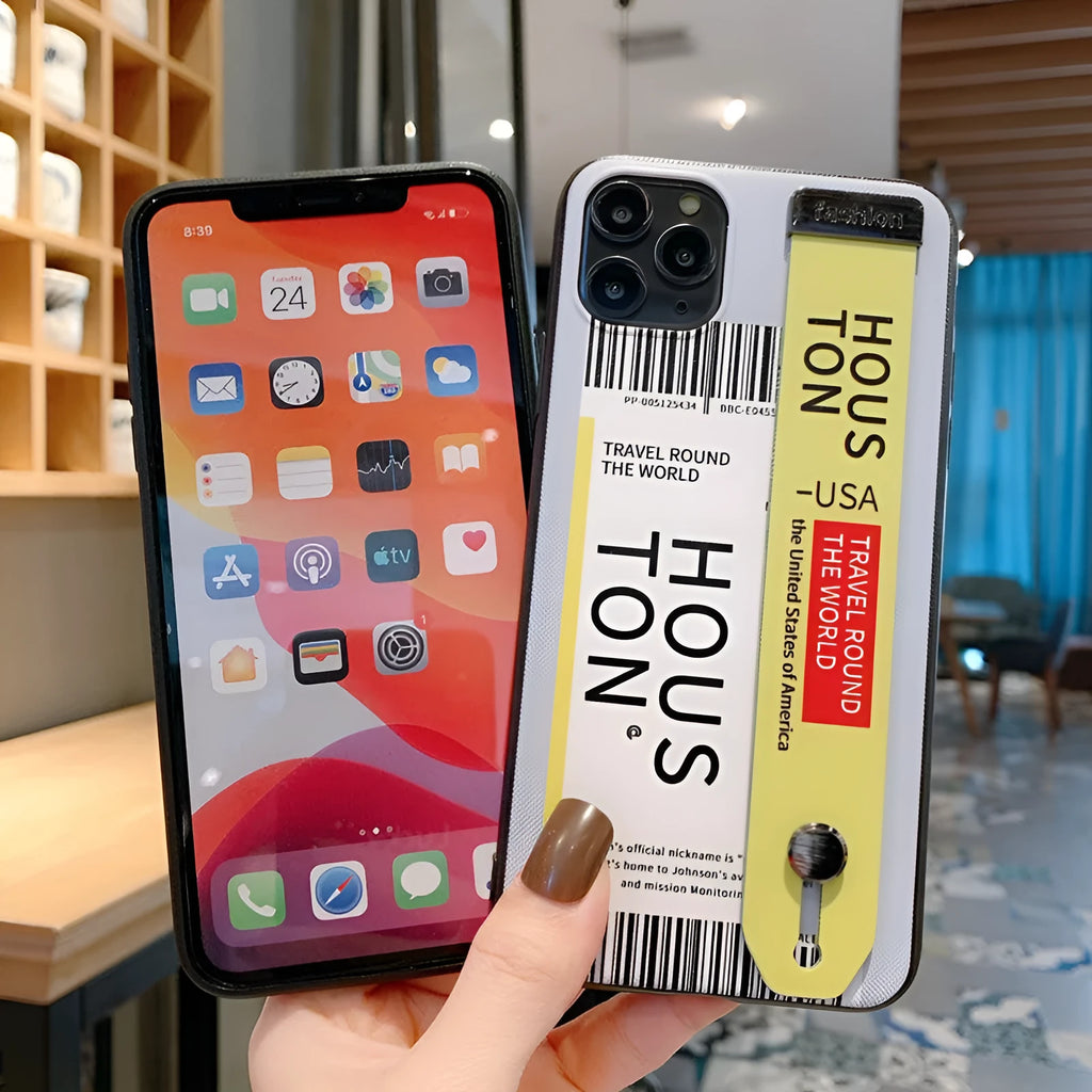 Red labelled TPU and PC mobile phone case for iPhone with an attached fabric wristband.
