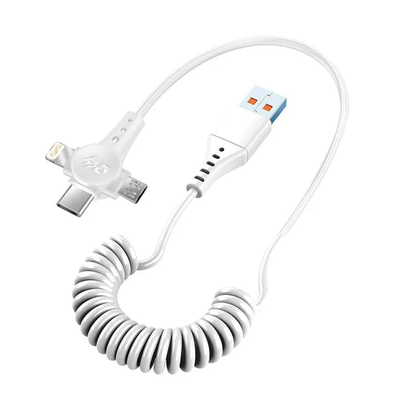 Black telescopic three-in-one charging cable with Lightning, Micro USB and Type-C interfaces