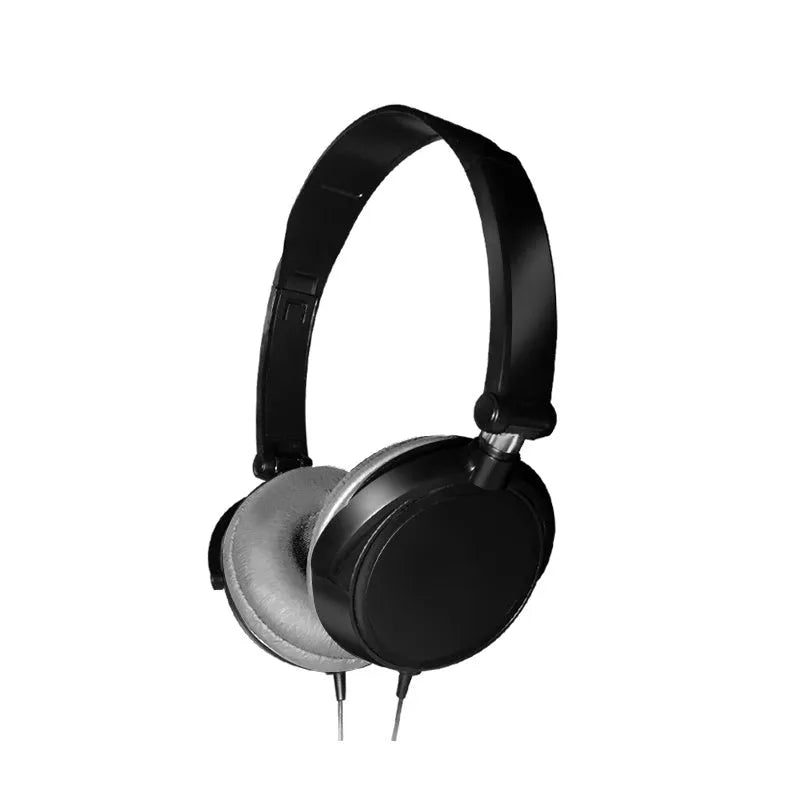 Red folding over-ear wired headphones with adjustable headband and 3.5mm plug on a table