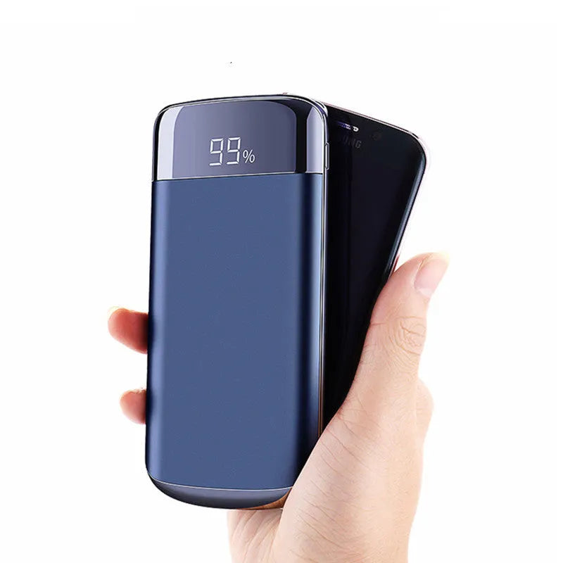 Square alloy power bank with digital display and multiple USB ports in various colours.