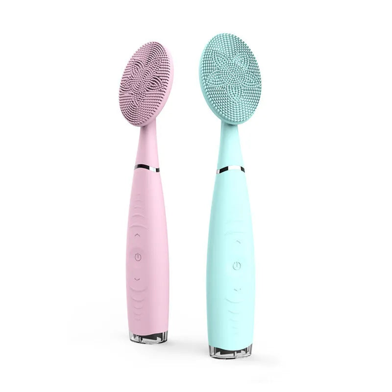 Blue and pink handheld silicone facial cleansing brush with 5 speeds, 8000 vibrations, IPX6 waterproof, and rechargeable 300mAh battery
