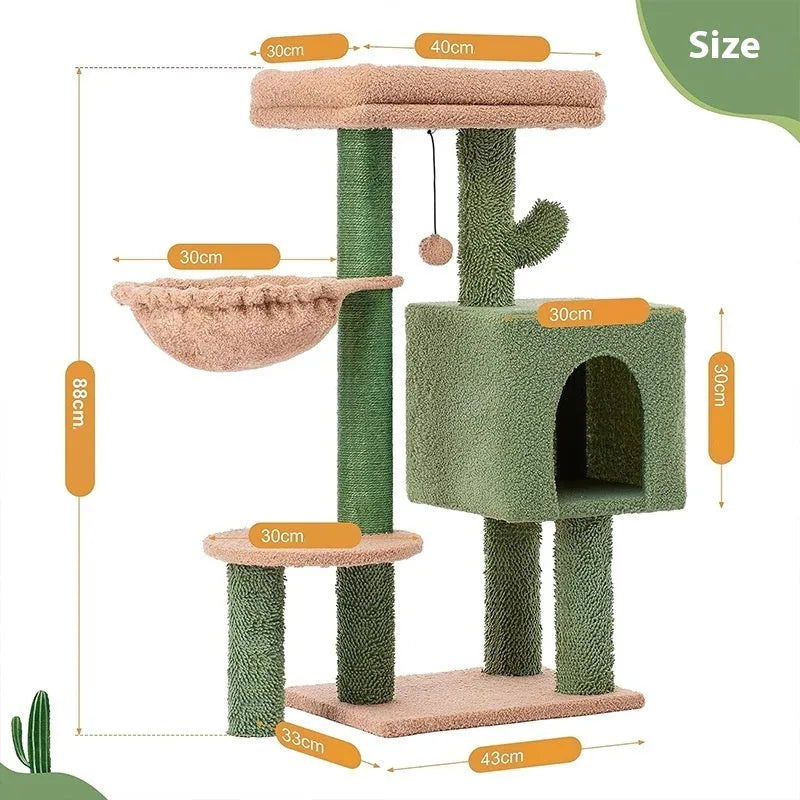 Green wooden cat climbing frame with jumping platform measuring 43x33x87cm