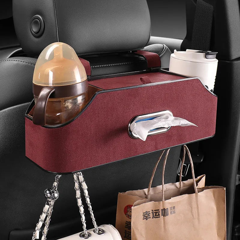 Genuine leather car tissue box holder in beige colour with suspended strap