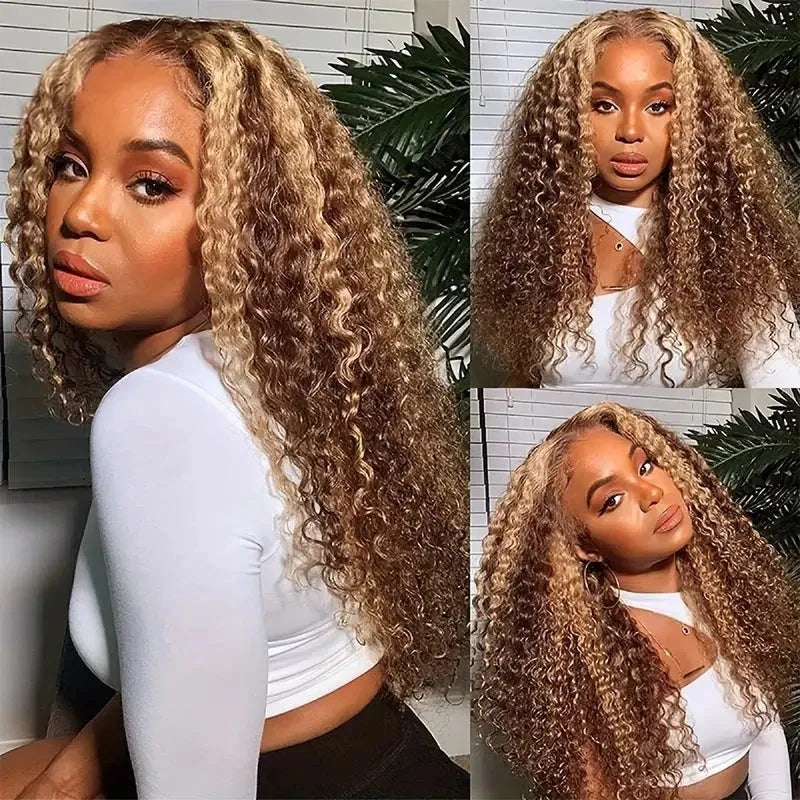 Lace wig with long curly gradient highlight hair in medium small volume, light gold colour
