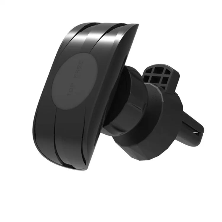Black universal car phone holder attached to a car air vent, showing flexible gooseneck arm and adjustable phone cradle.