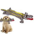 Blue corduroy plush crocodile dog toy with squeaker, shown next to a coffee-coloured large size version.
