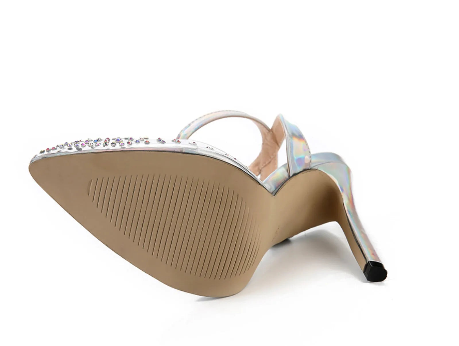 Women's pointed toe stiletto sandals with a diamond detail on a glossy PVC upper.