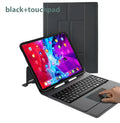 Bluetooth keyboard protector with integrated touch panel for iPad, black finish, closed position