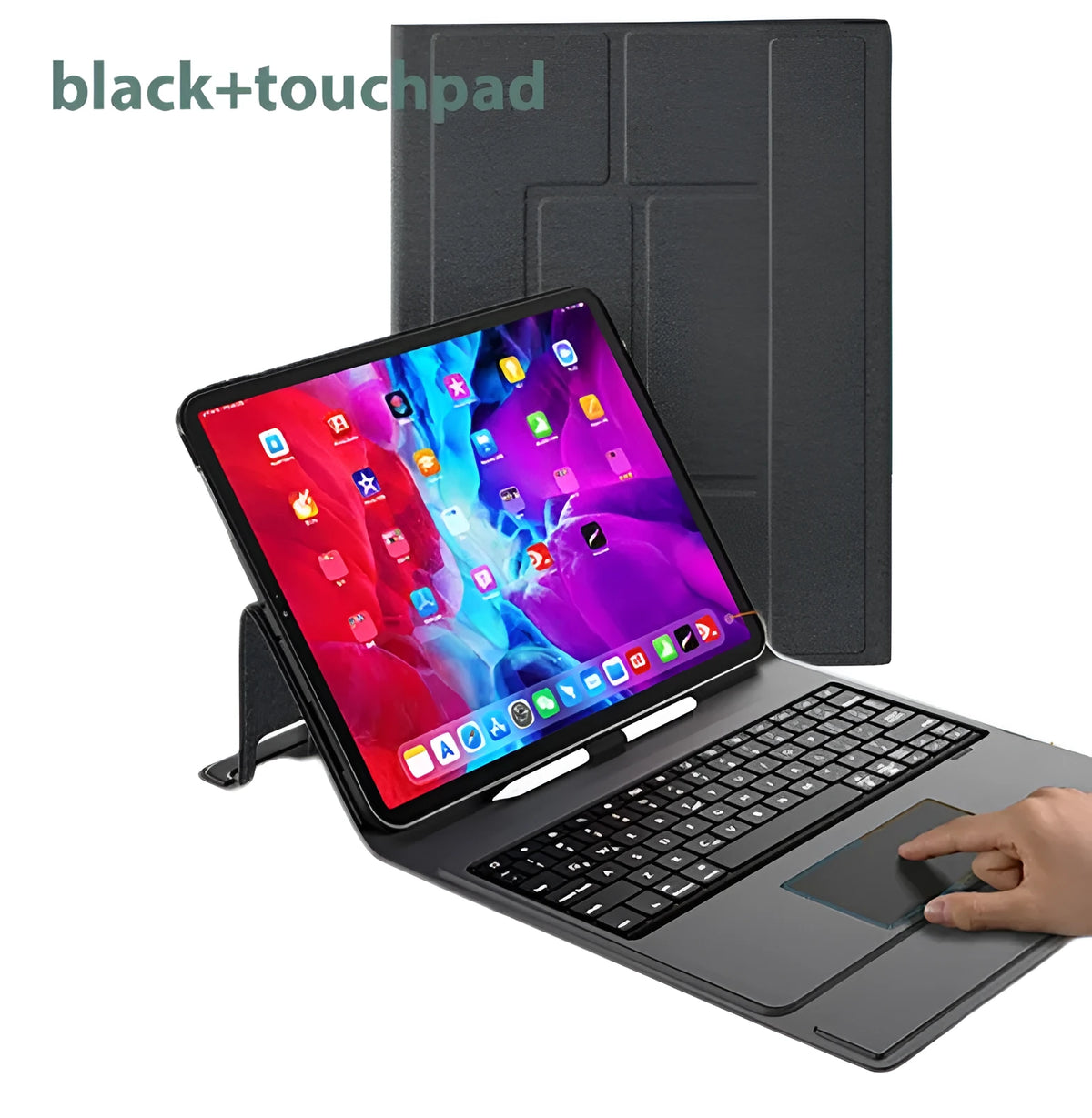 Bluetooth keyboard protector with integrated touch panel for iPad, black finish, closed position