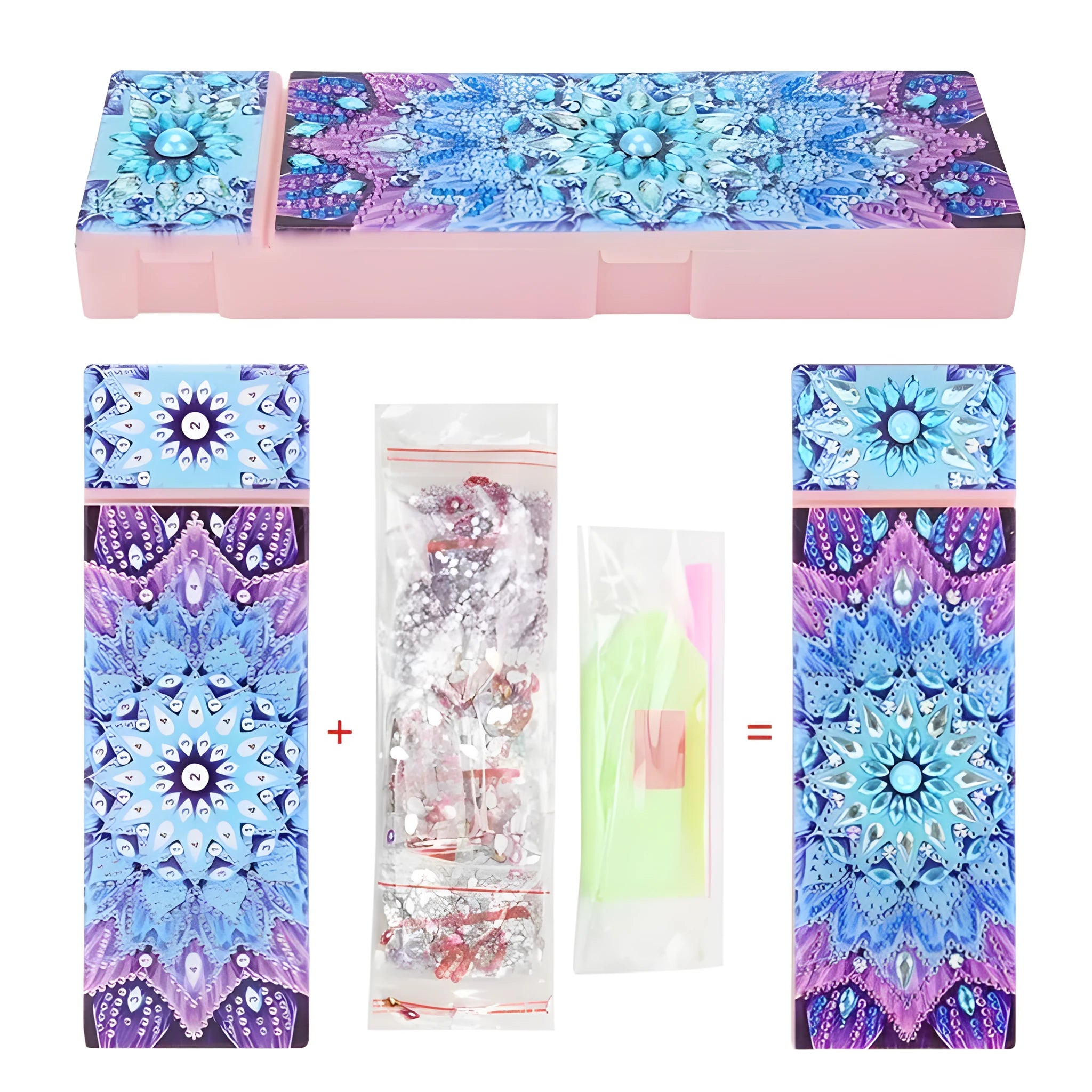DIY diamond painting kit with PU leather wristlet pencil case, resin diamonds, and crafting tools laid out.