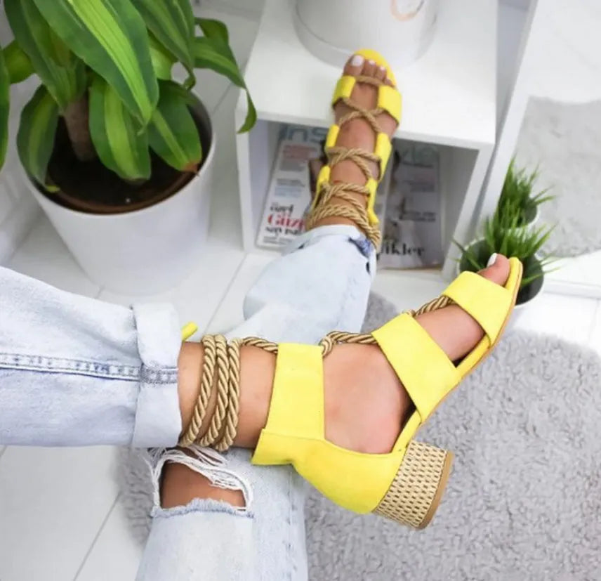 Women's thick heel suede sandals with round toe fish mouth design in colour matching pattern