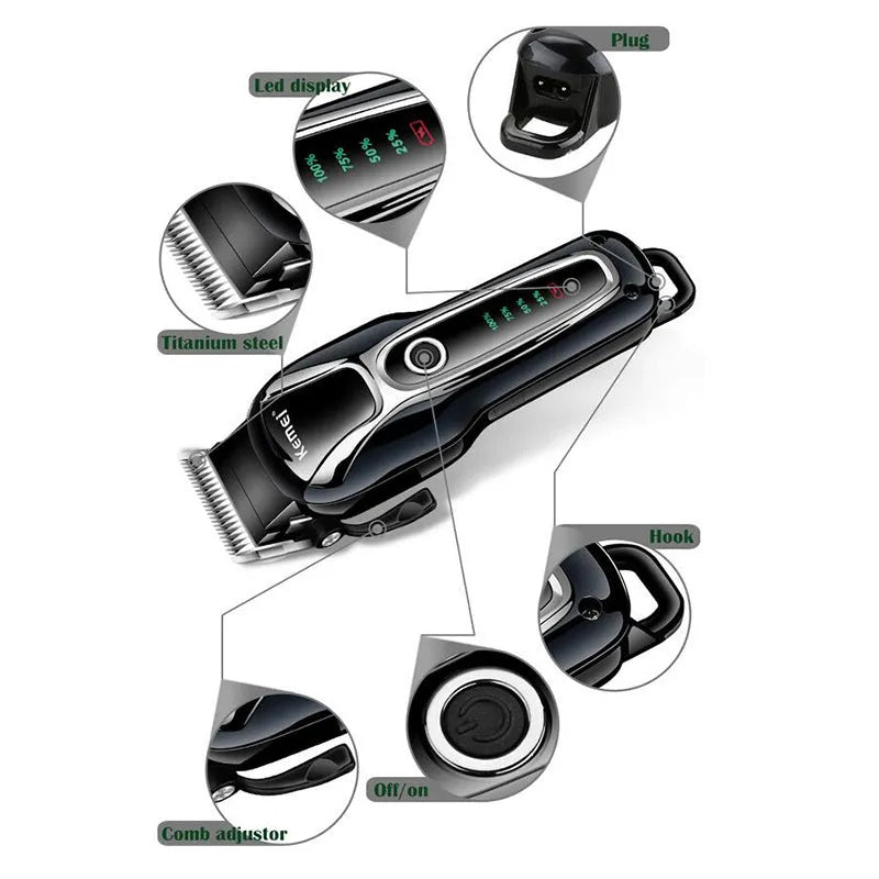 Black rechargeable pet fader clipper with patented blade on white background