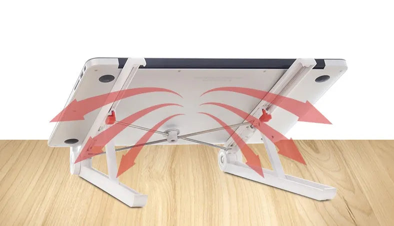 White foldable laptop stand bracket for Apple MacBook on a desktop.