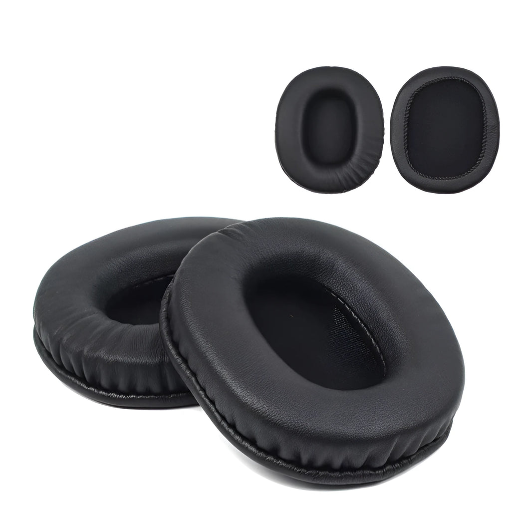 Two black soft PU leather replacement ear covers for Sony 1R headphones on a white background.