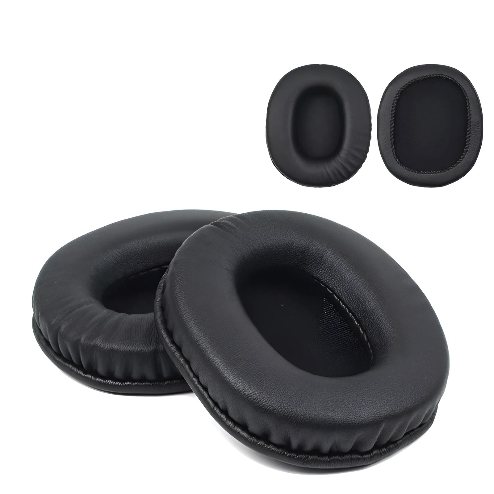 Two black soft PU leather replacement ear covers for Sony 1R headphones on a white background.