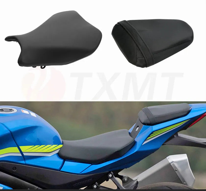 Suzuki GSXR1000 motorcycle with black PU leather seat covers installed on front and rear seats.