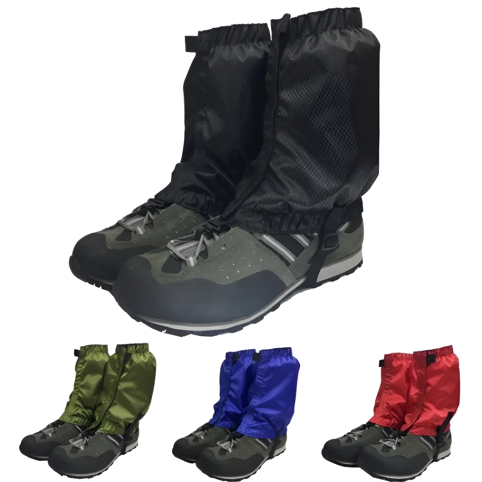 Outdoor hiking waterproof leg cover in black, made from 420D Oxford cloth with Velcro closure