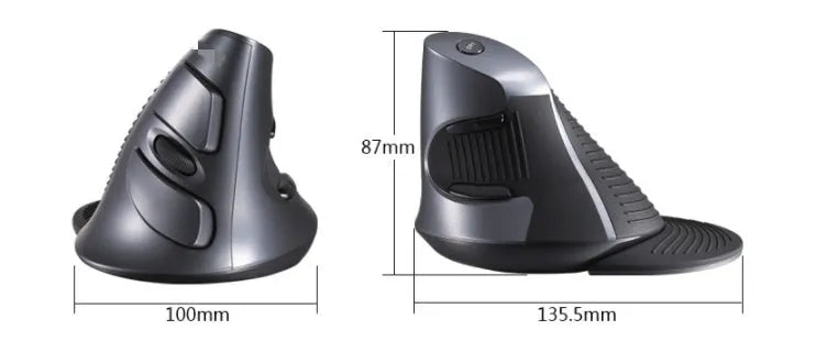 Black M618 wireless vertical ergonomic mouse on a desk, showing its contoured shape and button layout.