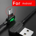 Black USB cable with 90-degree elbow connector and braided wire for fast charging phones
