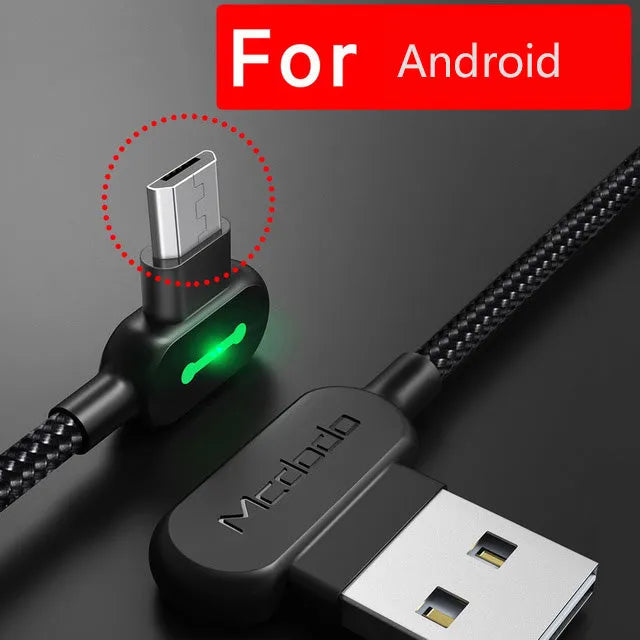Black USB cable with 90-degree elbow connector and braided wire for fast charging phones