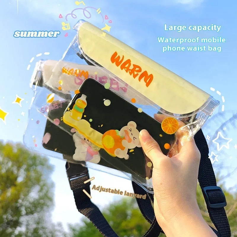 Waterproof mobile phone waist bag with adjustable strap and touch screen, free size PVC, blue kitten cool colour variant