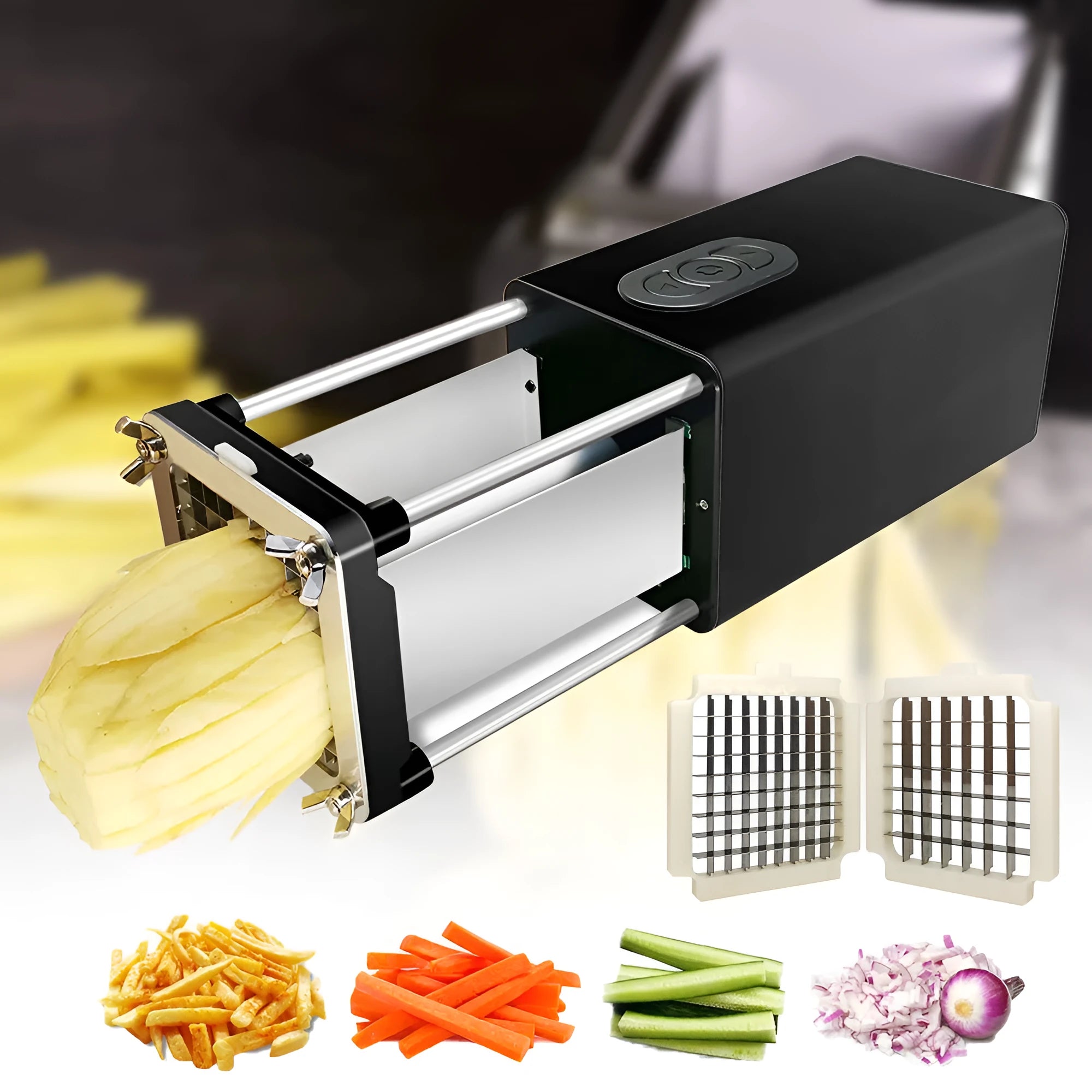 Black electric French fry cutter machine with stainless steel blades on a kitchen counter.